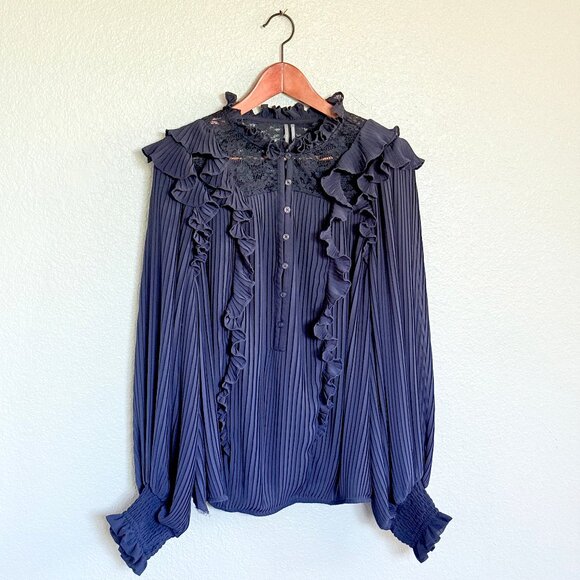 Anthropologie Sheer Pleated Ruffled Blouse Navy Blue | Corporate Goth | Size 1X - Picture 1 of 14